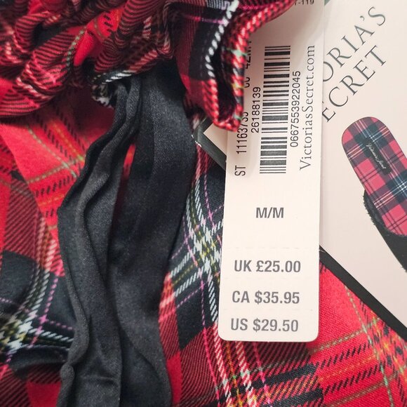 Victoria's Secret Signature Satin Fur Trim Slippers Red Plaid w Dust Bag M 7/8 - Picture 11 of 11
